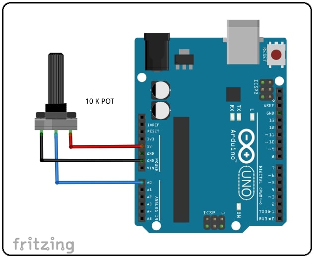 AnalogRead Arduino Potentiometer Circuit diagram, Arduino AnalogRead,  Arduino 10K Potentiometer Circuit diagram