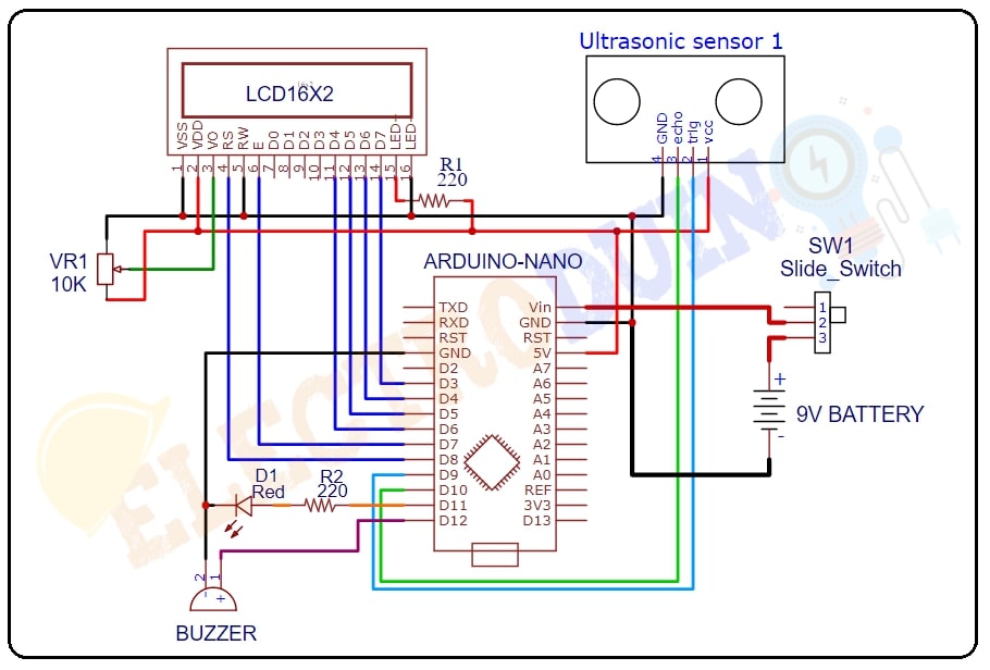 Circuit Diagram Distance Measurement using Ultrasonic Sensor and Arduino with LCD display