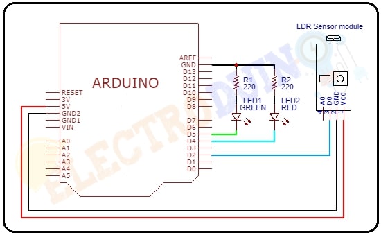Dark & Light Detector using Arduino LDR Sensor Circuit Diagram