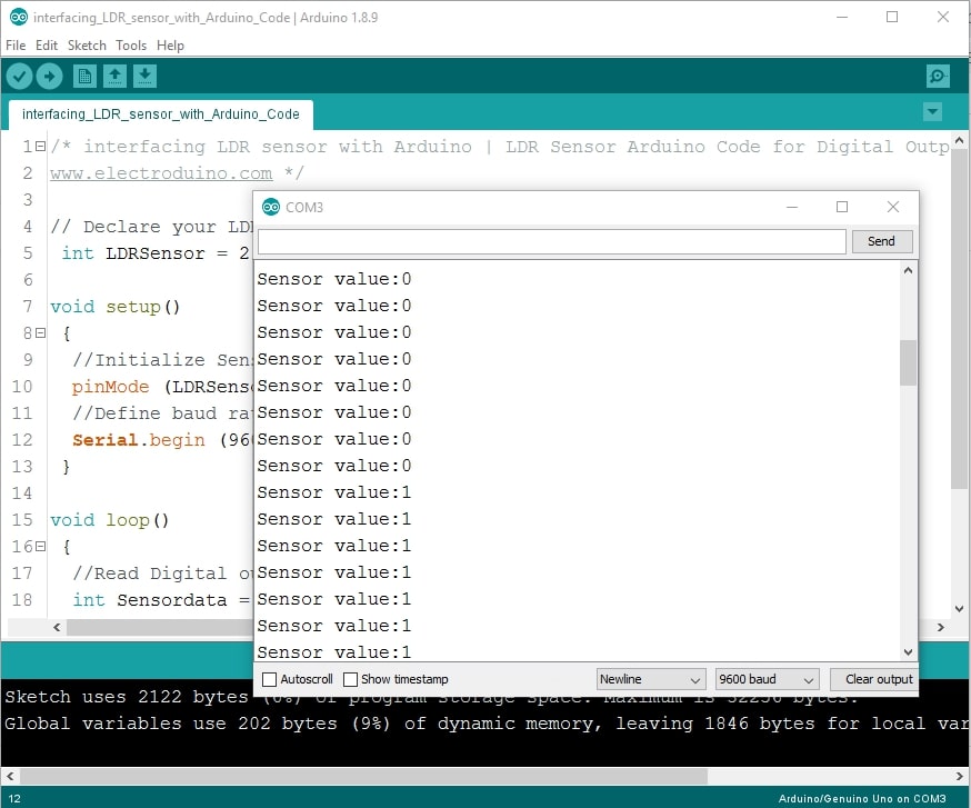 LDR Sensor Output on Serial Monitor Window