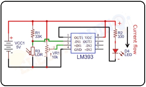 LM393 IC-based Automatic Night Light Circuit Working on mode