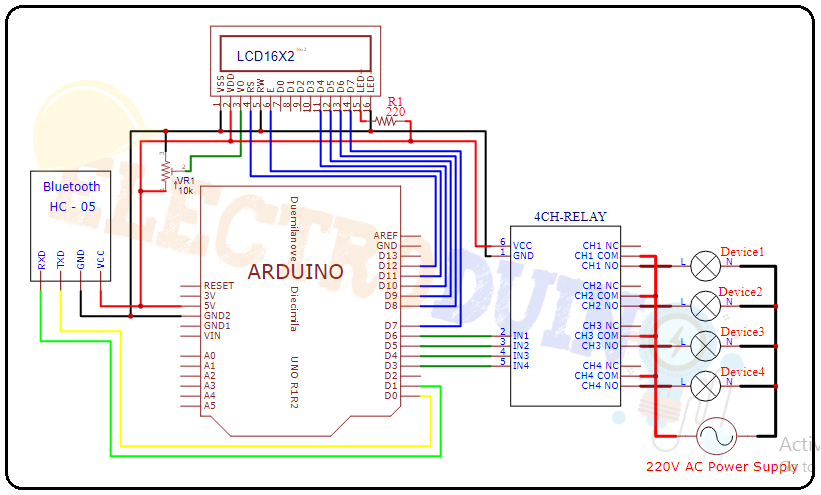 Voice Control Home Automation using Arduino and Bluetooth Module HC-05 Circuit Diagram