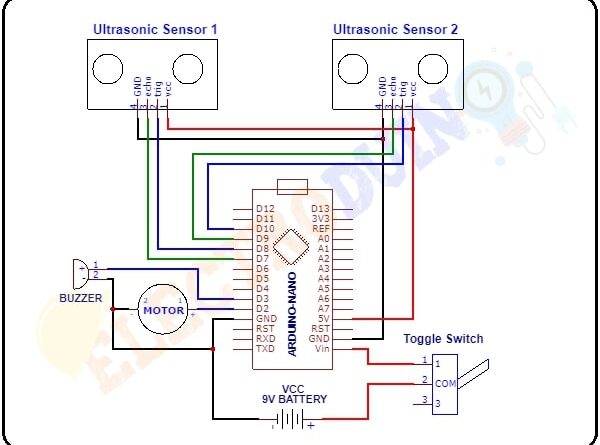 Smart Blind Stick Using Arduino and 2 Ultrasonic Sensors Circuit Diagram, Schematics