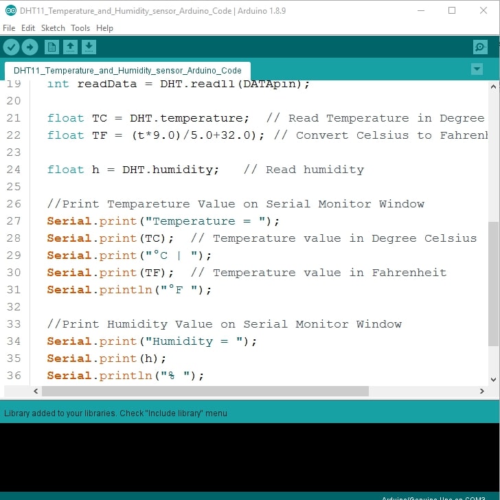 DHT.h Library installation successfully completed, step 3
