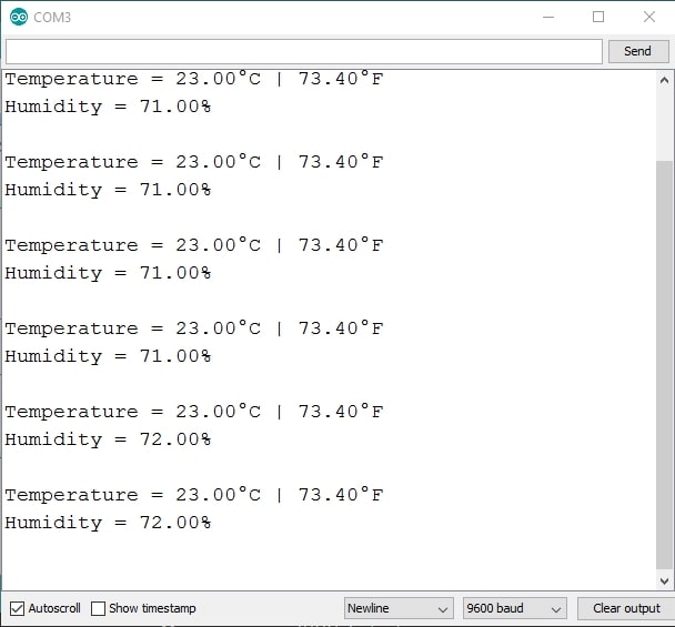 DHT11 sensor Temperature and Humidity output value on Serial Monitor