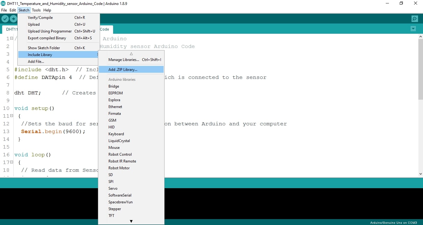 Install DHT.h Library in Arduino IDE Software, DHT11 Temperature and Humidity Sensor Library, step 1