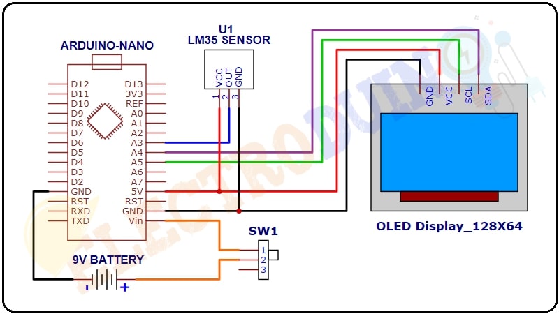 Room temperature monitoring system/Device using LM35 Temperature Sensor and Arduino Circuit Diagram