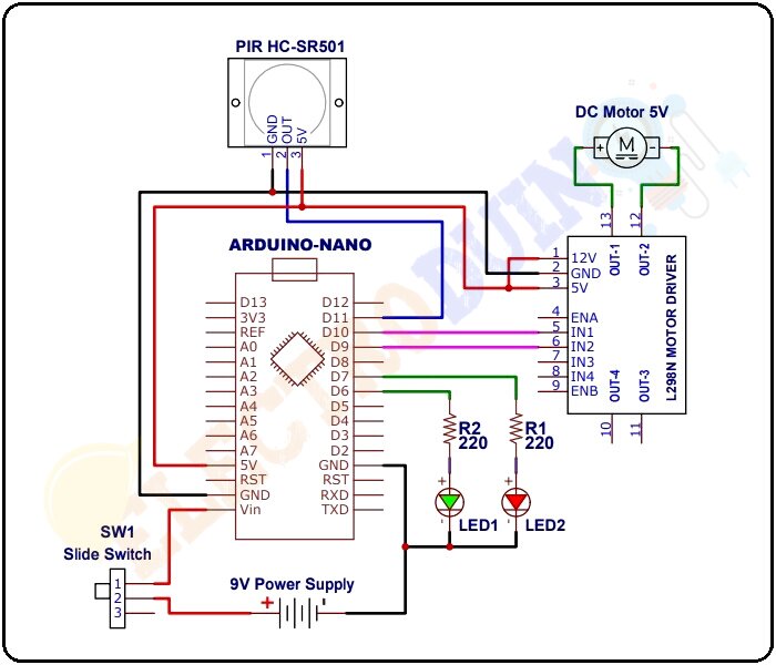 Circuit Diagram / Schematic Diagram of Automatic Sliding Door Opening and Closing System using PIR Sensor and Arduino.