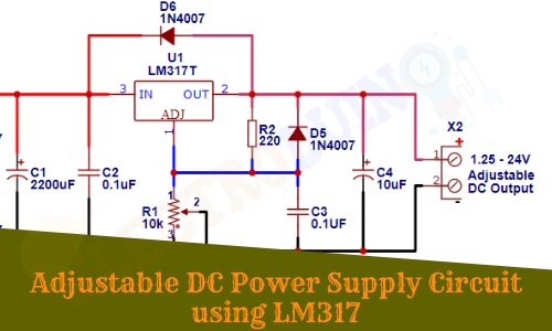 Adjustable DC Power Supply Circuit using LM317 Variable Voltage Regulator. Introduction to Adjustable DC Power Supply, Project Concept, Block Diagram, Components Required, Circuit Diagram, Working Principle and Output Voltage Calculation.