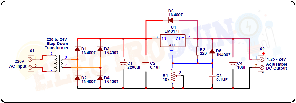 Circuit Diagram of Adjustable DC Power Supply Circuit using LM317 Variable Voltage Regulator. Introduction to Adjustable DC Power Supply, Project Concept, Block Diagram, Components Required, Circuit Diagram, Working Principle and Output Voltage Calculation.