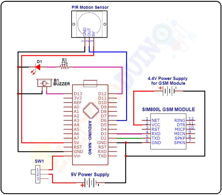 Circuit/Schematic of Diagram GSM SIM800L Based Home Security System. Introduction to Home Security System, Project Concept, Block Diagram, Components Required, Circuit diagram, Working Principle, and Arduino Code.