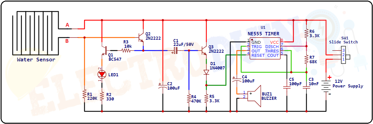 Circuit Diagram of Simple Rain Alarm Circuit using NE555 Timer IC, Introduction to Rain Alarm Circuit, Project Concept, Block Diagram, Components Required, Circuit Diagram, and Working Principle.