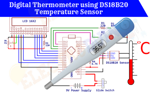 Digital Thermometer using DS18B20 Temperature Sensor and Arduino, Introduction to Digital Thermometer using DS18B20 Temperature Sensor, Project Concept, Block Diagram, Components Required, Circuit Diagram, Working Principle, and Arduino Code