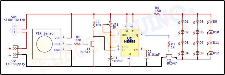 Circuit Diagram/Schematic Motion Sensor Light using PIR Sensor and 555 Timer IC, Introduction to the Motion Sensor Light Circuit, Project Concept, Block Diagram, Components Required, Circuit Diagram, and Working Principle