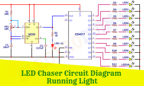 How to Make LED Chaser Circuit Diagram-Running Light using IC 555 and CD4017, Running light Circuit, Introduction to the LED Chaser Circuit, Project Concept, Block Diagram, Components Required, Circuit Diagram, and Working Principle