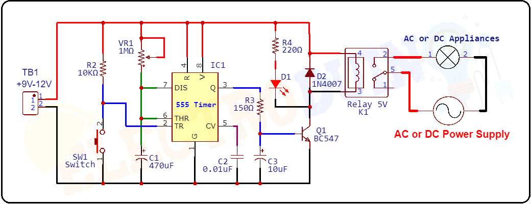Circuit Diagram/ Schematics of Time Delay Circuit using 555 Timer IC, Introduction to the Time Delay Circuit using 555 Timer IC, Project Concept, Block Diagram, Components Required, Circuit Diagram, and Working Principle.