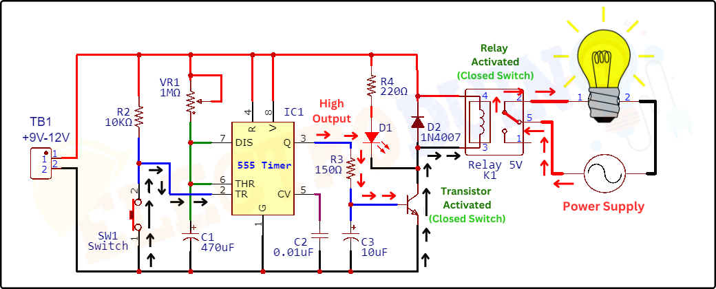 Working Principle of Time Delay Circuit using 555 Timer IC at ON Condition, Introduction to the Time Delay Circuit using 555 Timer IC, Project Concept, Block Diagram, Components Required, Circuit Diagram, and Working Principle.
